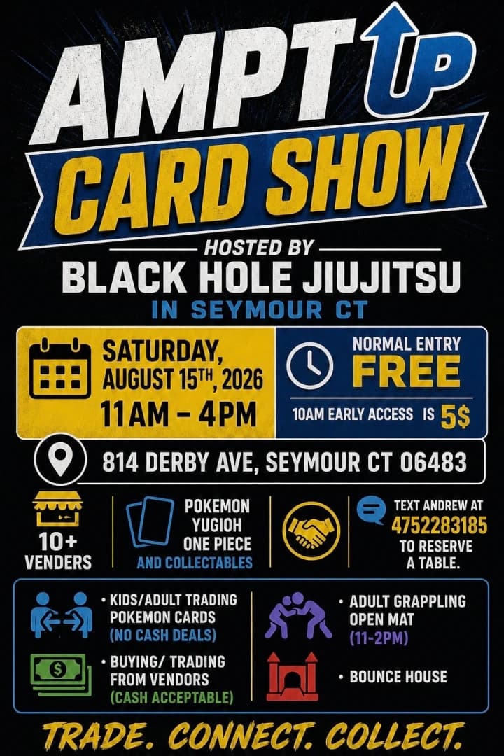 Ampt Up Card Show - TCG and collectibles event poster — Seymour, CT
