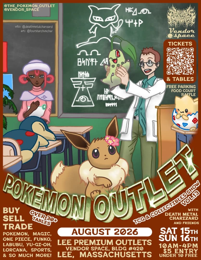 Pokemon Outlet Card Show 13! - August event poster — Lee, MA
