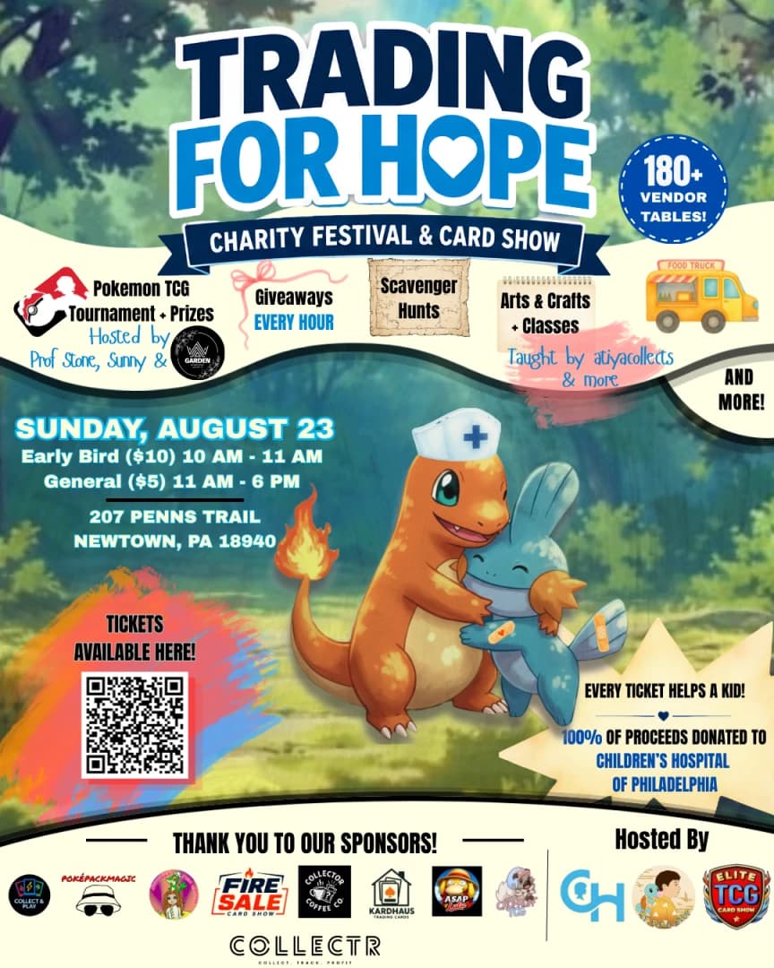 my.poke.stop x Elite TCG - Trading for Hope Charity Festival & Card Show event poster — Newtown, PA