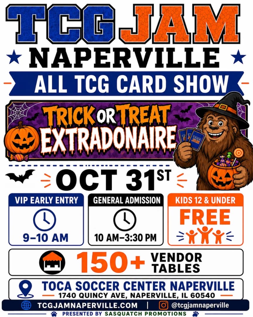 A TCG Jam Naperville Trick or Treat event poster — Naperville, IL
