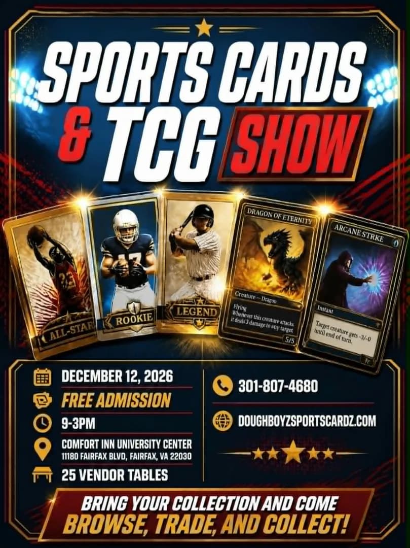Fairfax Sports Card, TCG & Collectibles Show Comfort Inn Dec 12 event poster — Fairfax, VA