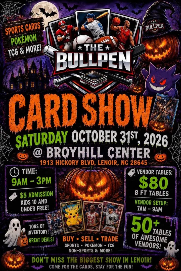 Bullpen Card Show Halloween Sports Tacular event poster — Lenoir, NC