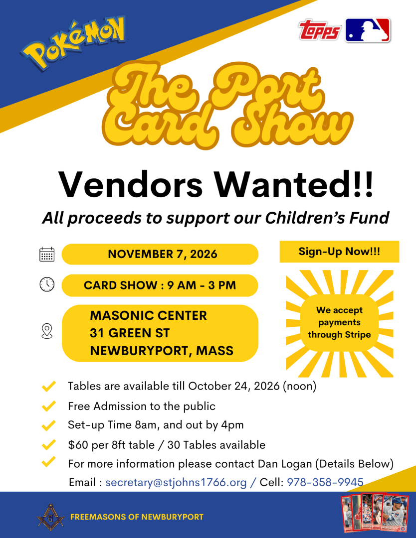 The Port Card Show "Vendors Wanted" event poster — Newburyport, MA