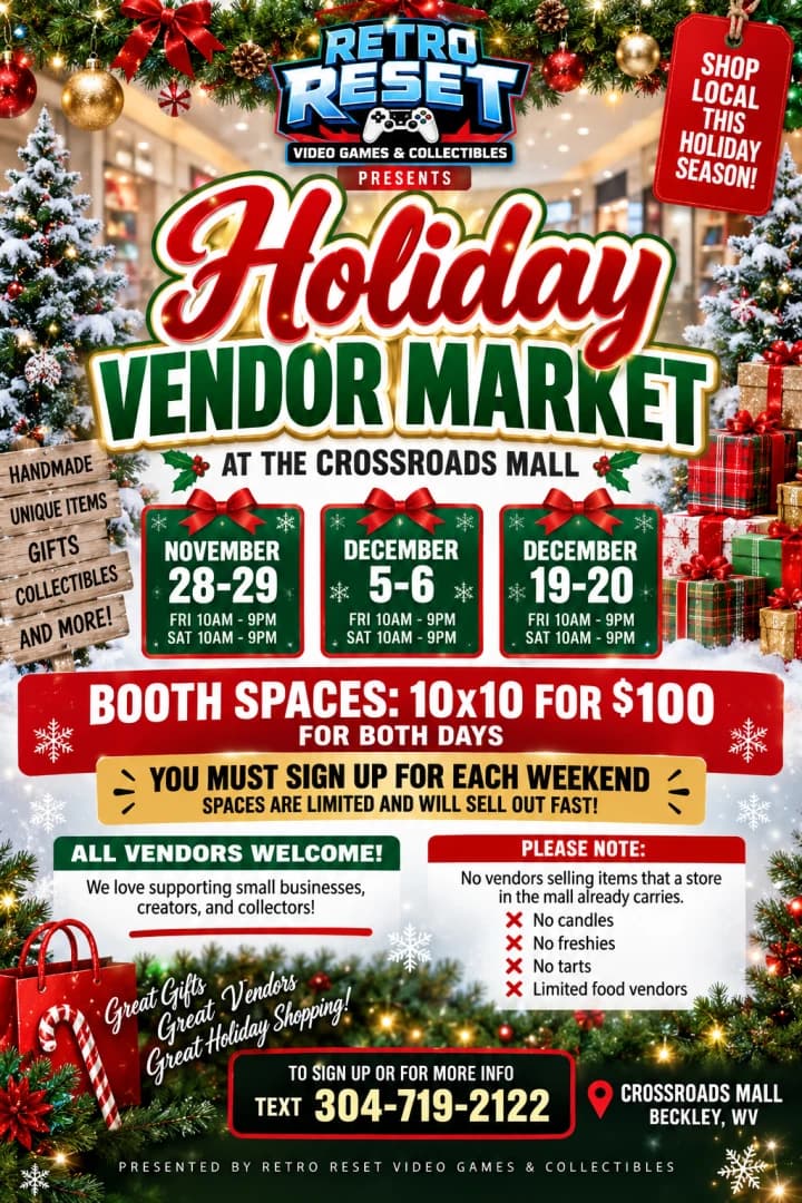 Retro Reset Holiday Market event poster — Mt Hope, WV