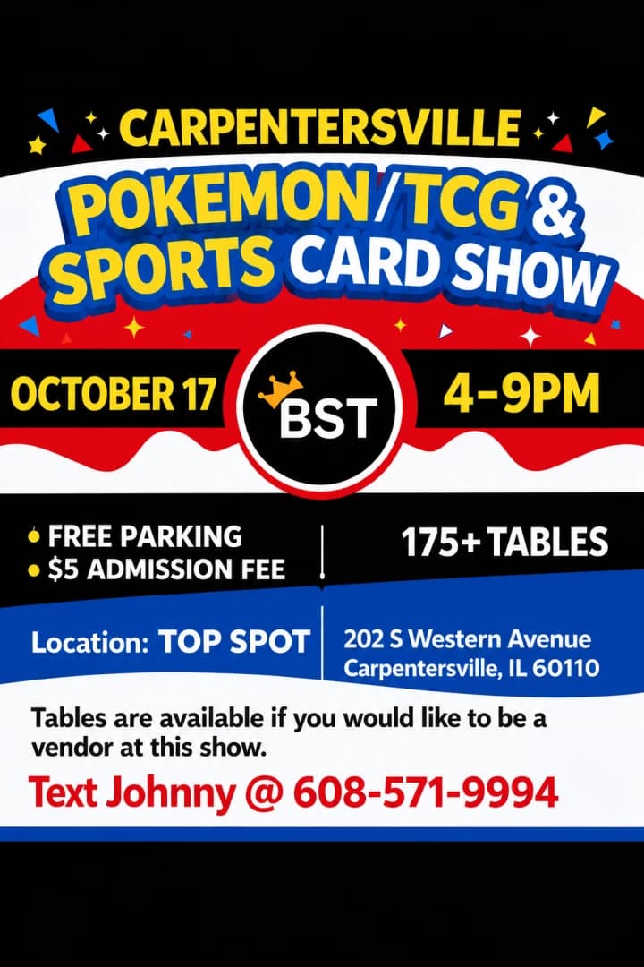 October POKEMON/TCG & SPORTS CARD SHOW event poster — Carpentersville, IL