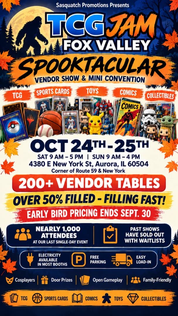 TCG Jam Fox Valley Sports Spooktackular event poster — Aurora, IL