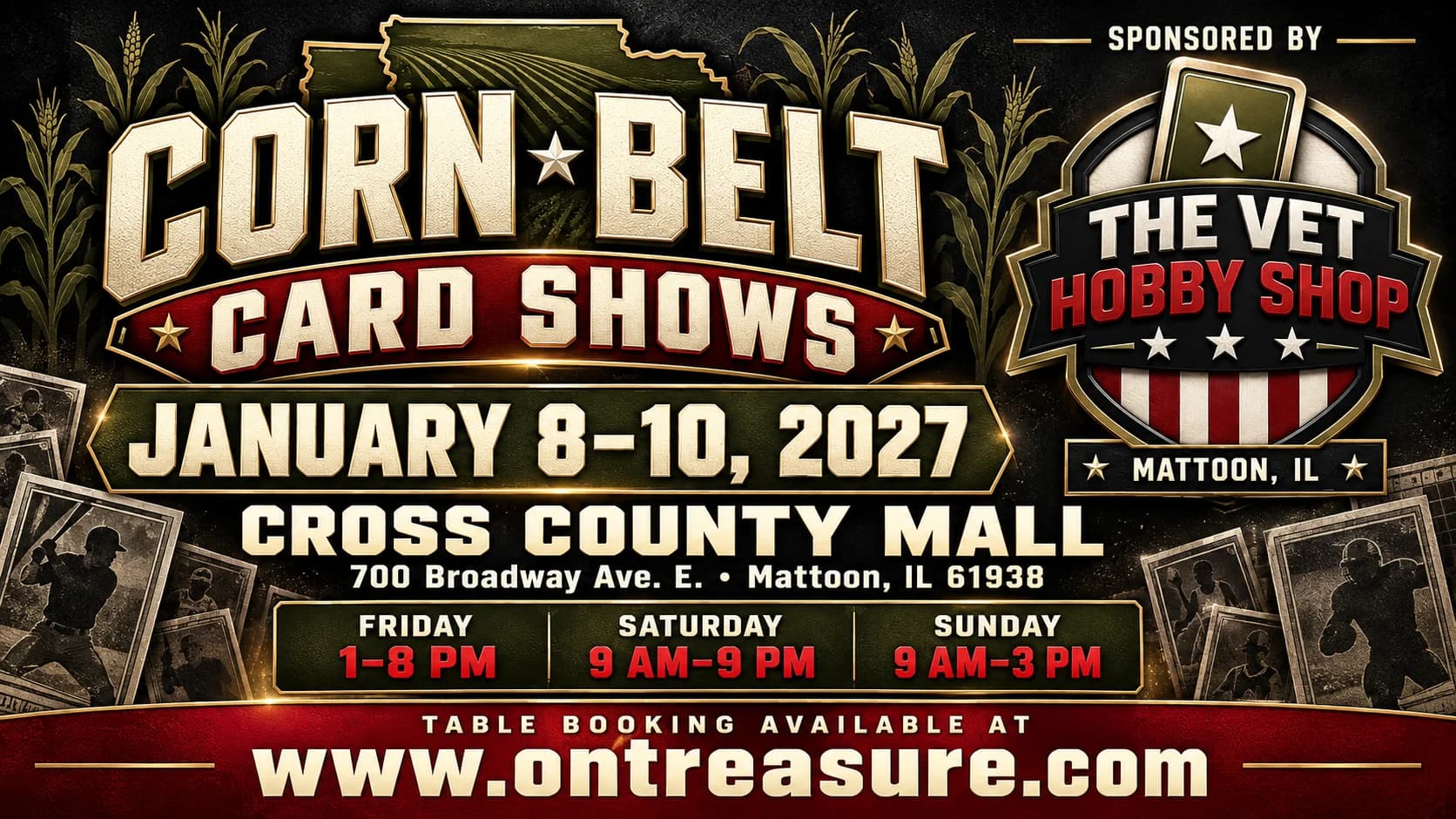 The Corn Belt Card Show Cross County Mall January 2027 event poster — Mattoon, IL