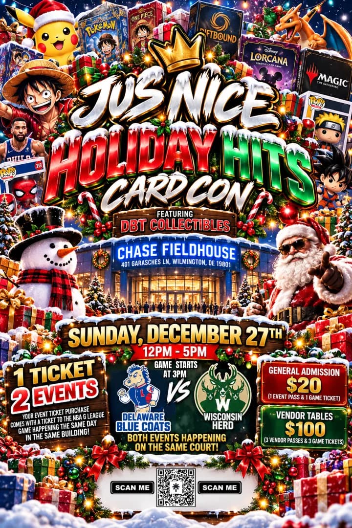 Jus Nice Holiday Hits Card Con event poster — Wilmington, DE