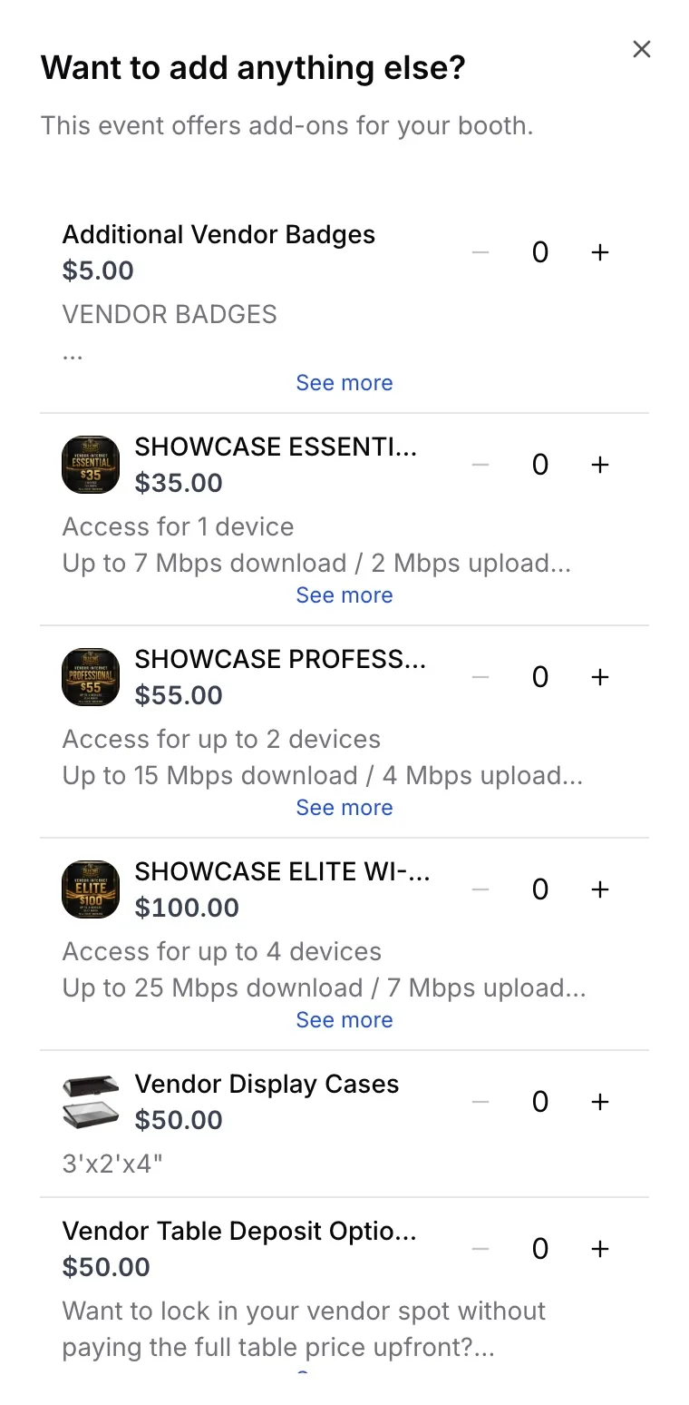 Vendor add-ons including additional badges, Wi-Fi packages, and display cases
