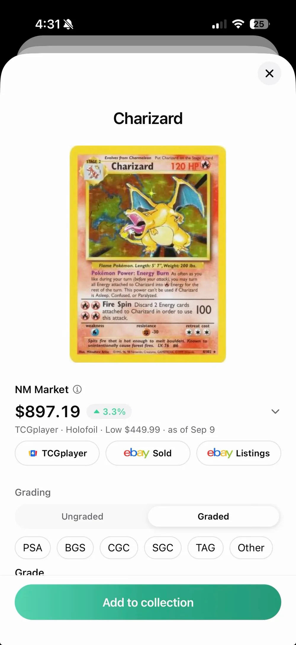 Charizard card details with market pricing, grading preferences, and the Add to collection button