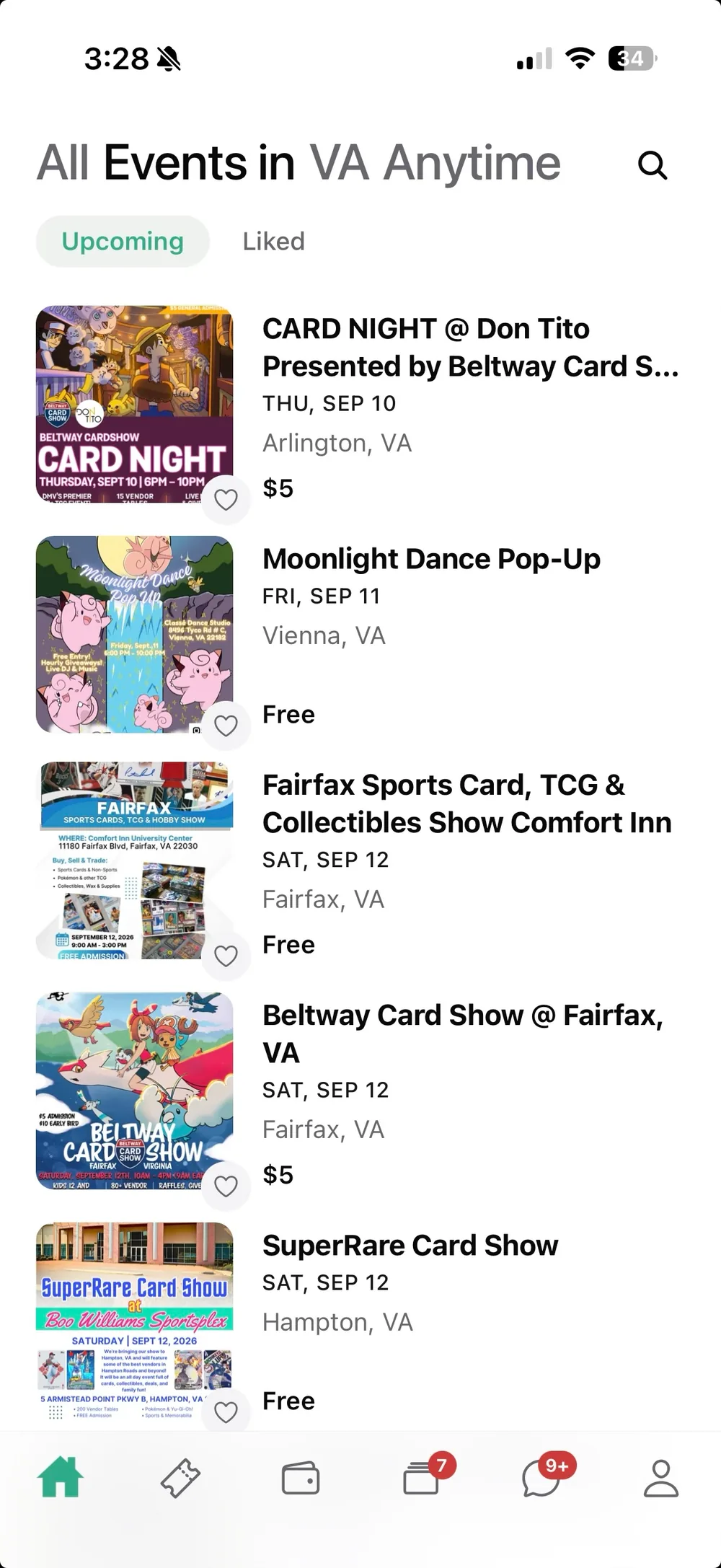 Treasure mobile app showing upcoming card shows with dates, locations, and ticket prices