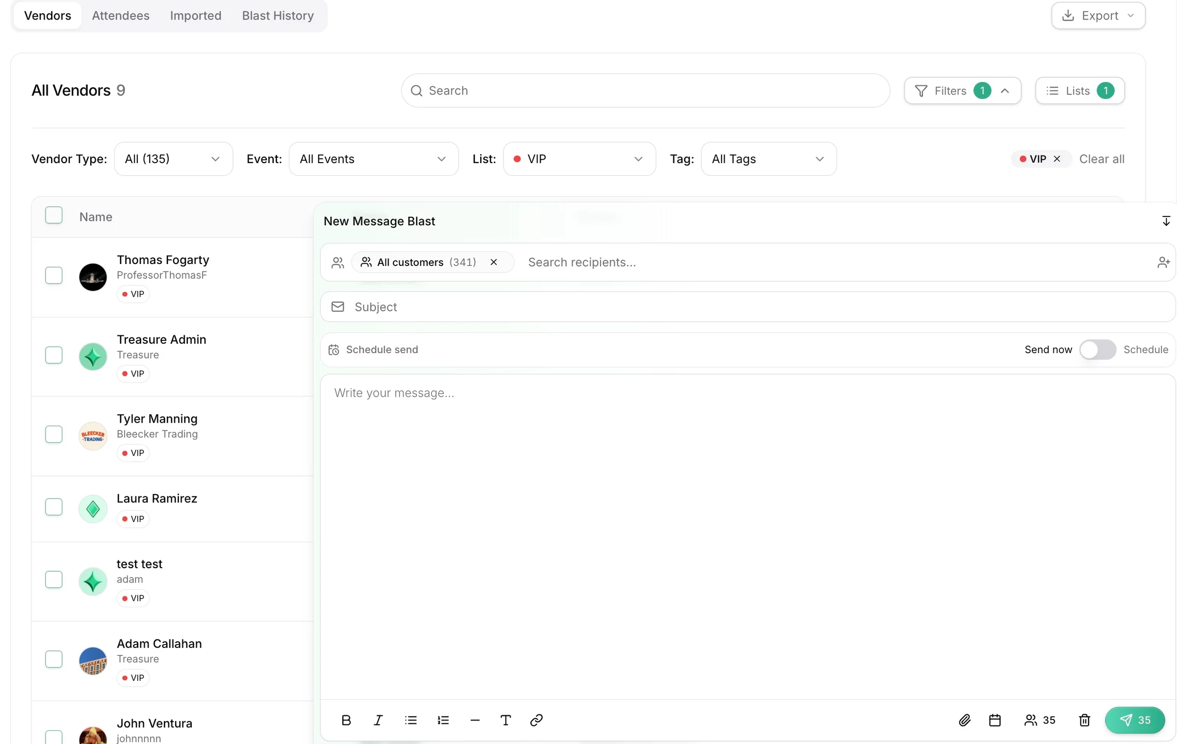 Customer directory with vendors, attendees, imported contacts, VIP list filters, and a new email blast composer