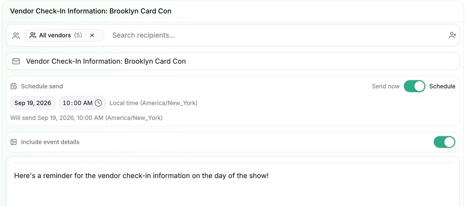 Event email composer with vendor recipients, a check-in reminder, event details, and a scheduled send time