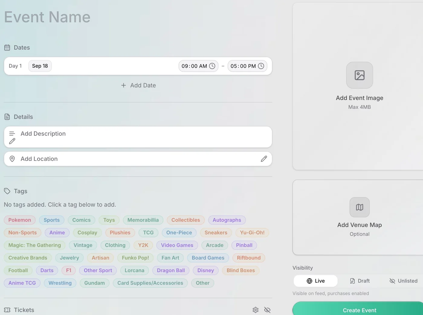 Treasure event builder with event dates, details, tags, image, and publishing options