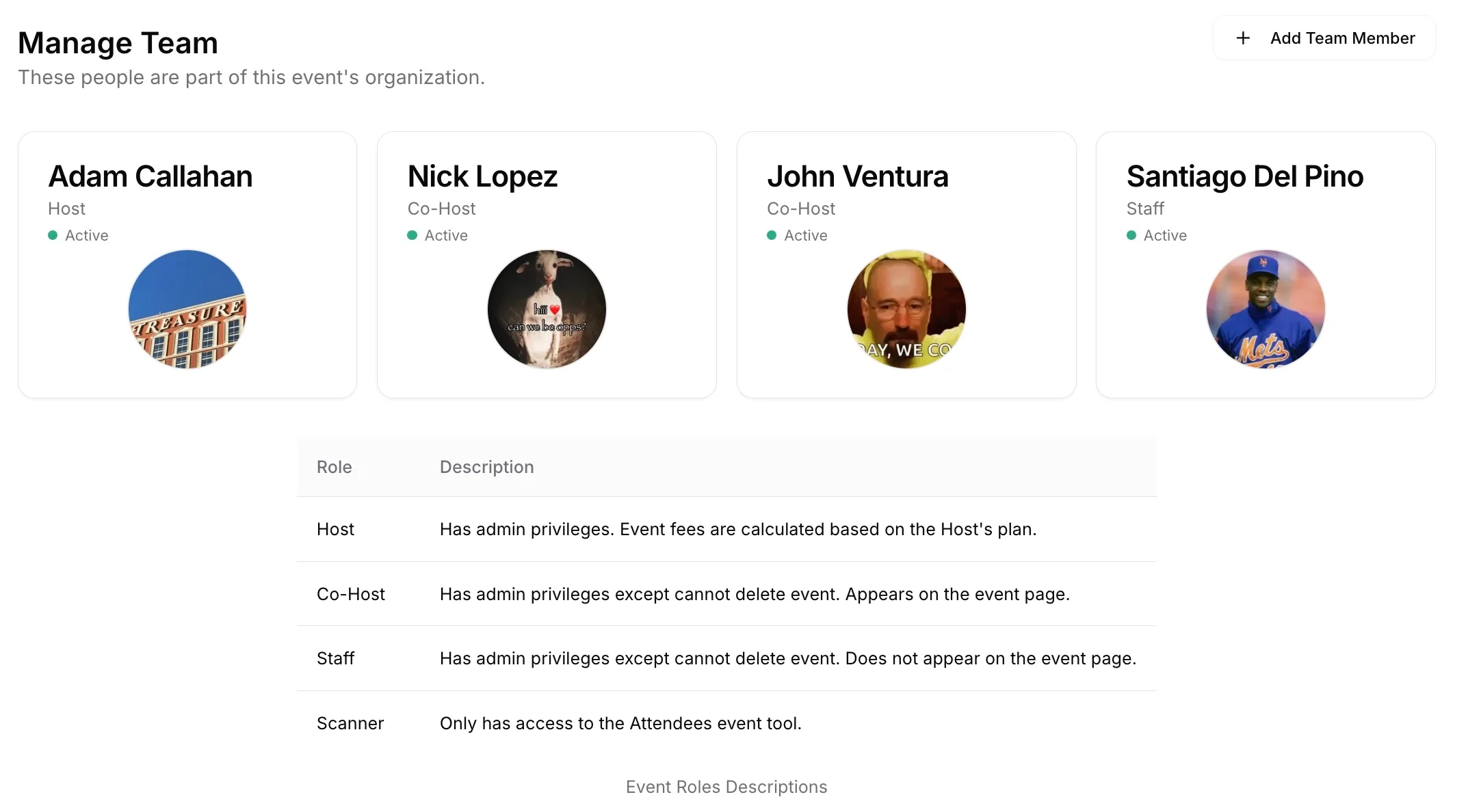 Manage Team showing host, co-host, and staff members, with a guide to event role permissions
