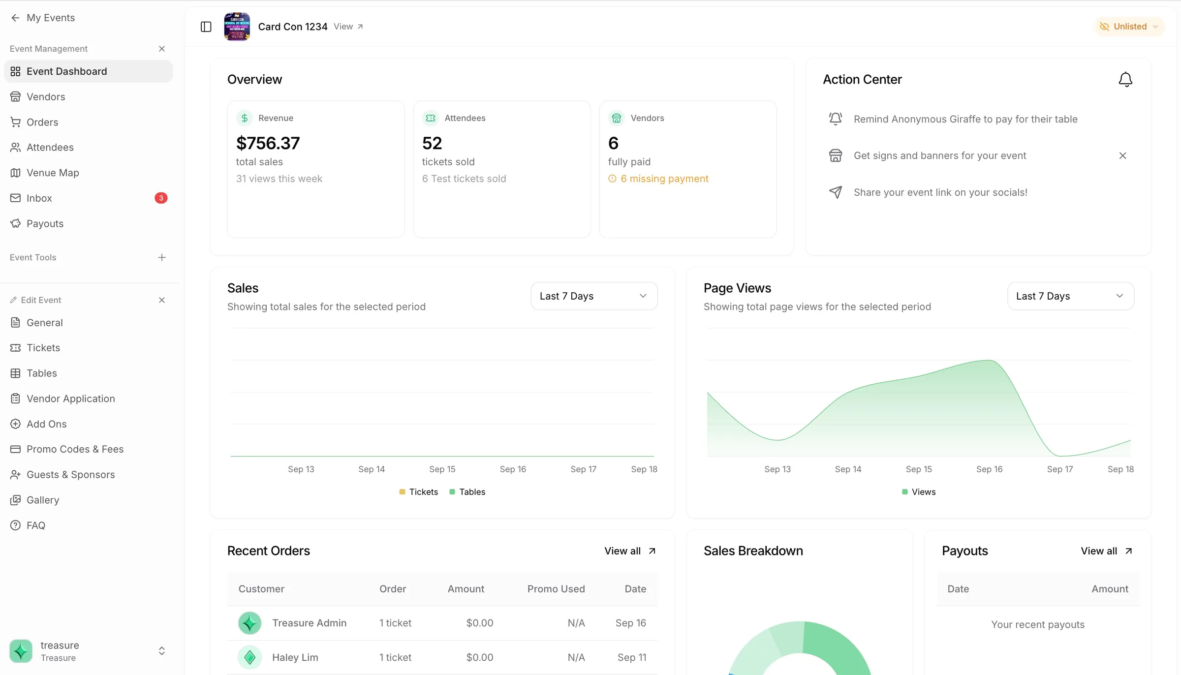 Event dashboard showing revenue, attendees, vendors, sales trends, page views, recent orders, and action items