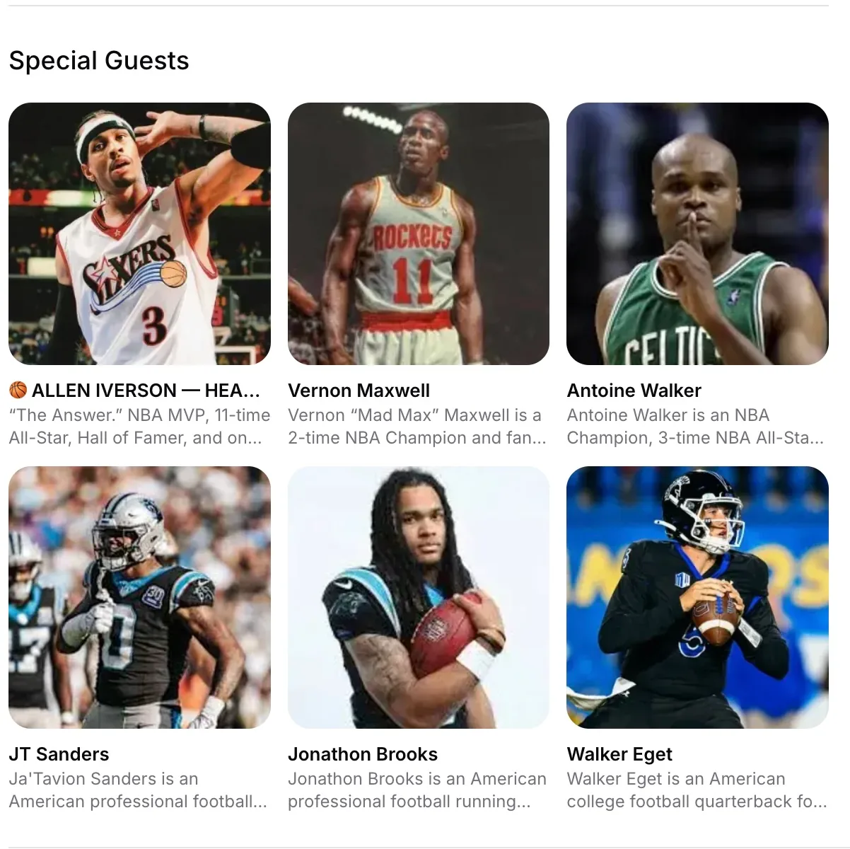Event guest gallery with photos and biographies for six special guests