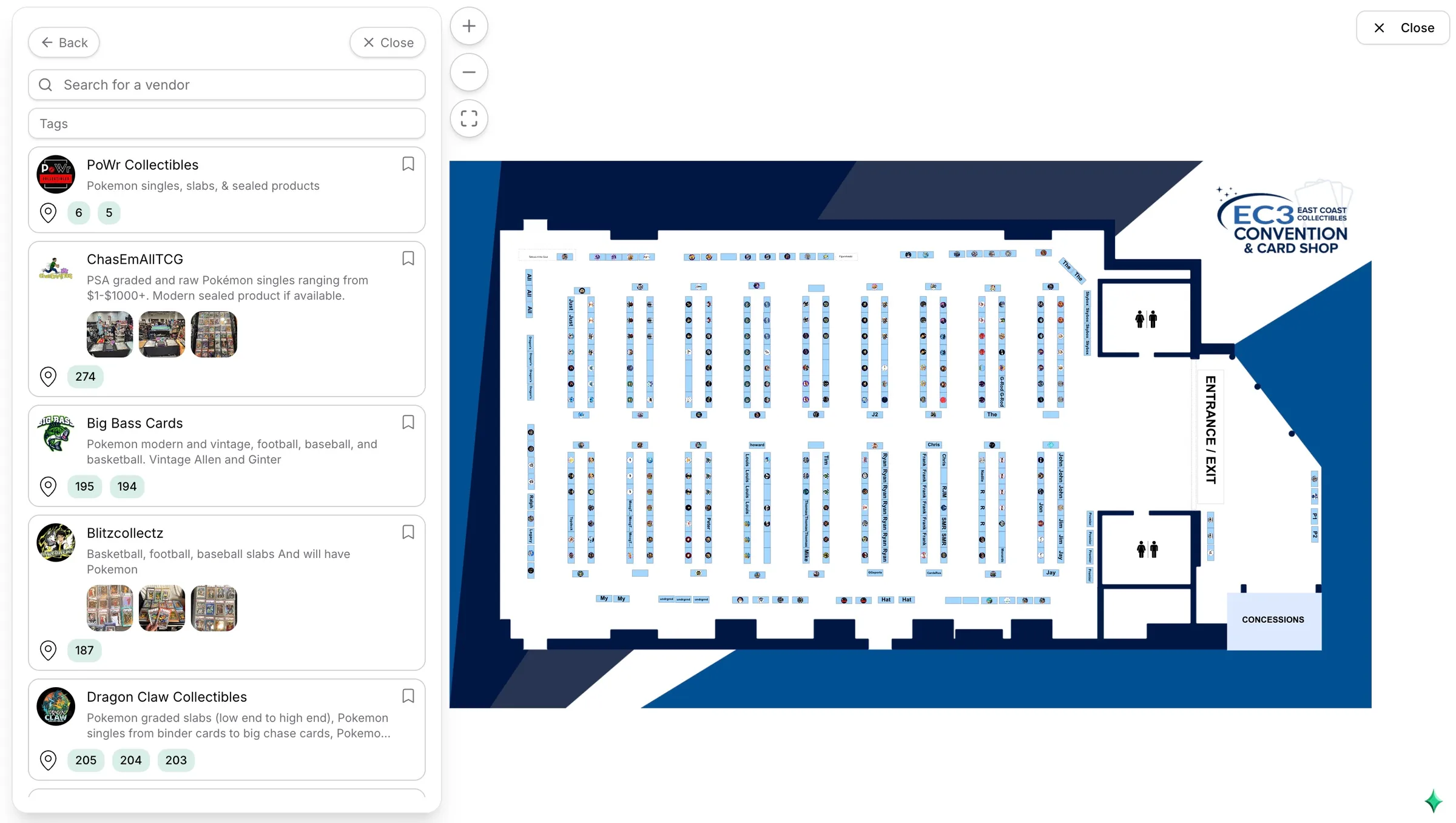 Interactive EC3 convention map with vendor search, profiles, and table locations