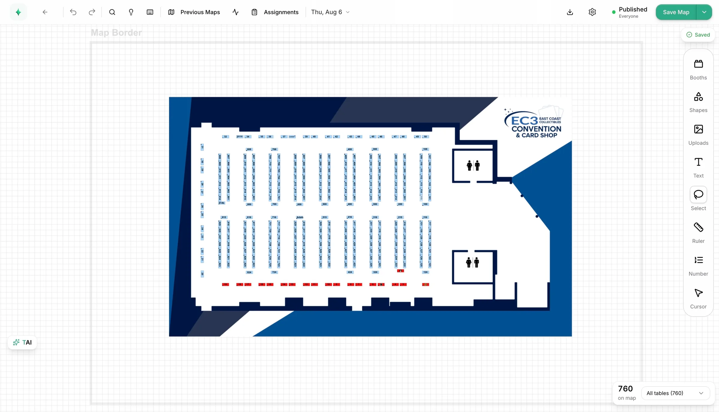 Completed EC3 venue layout with numbered tables, entrances, and amenities