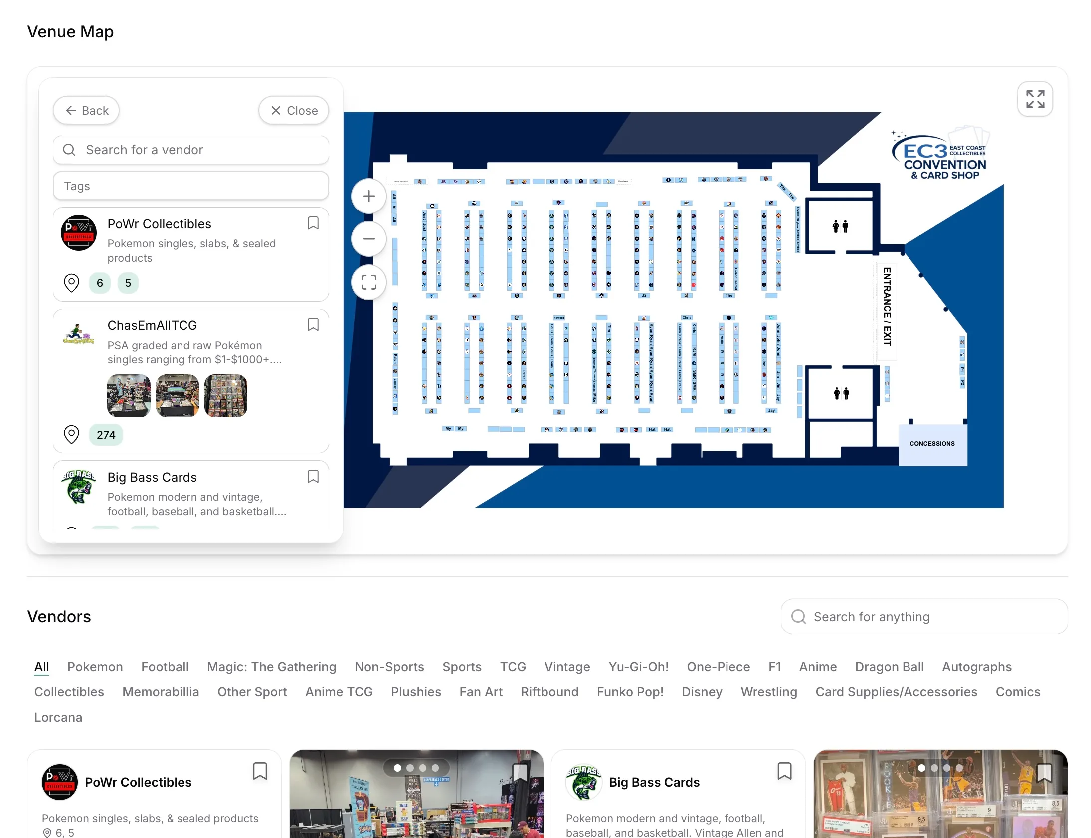 Published event page with an embedded interactive venue map and vendor directory below it