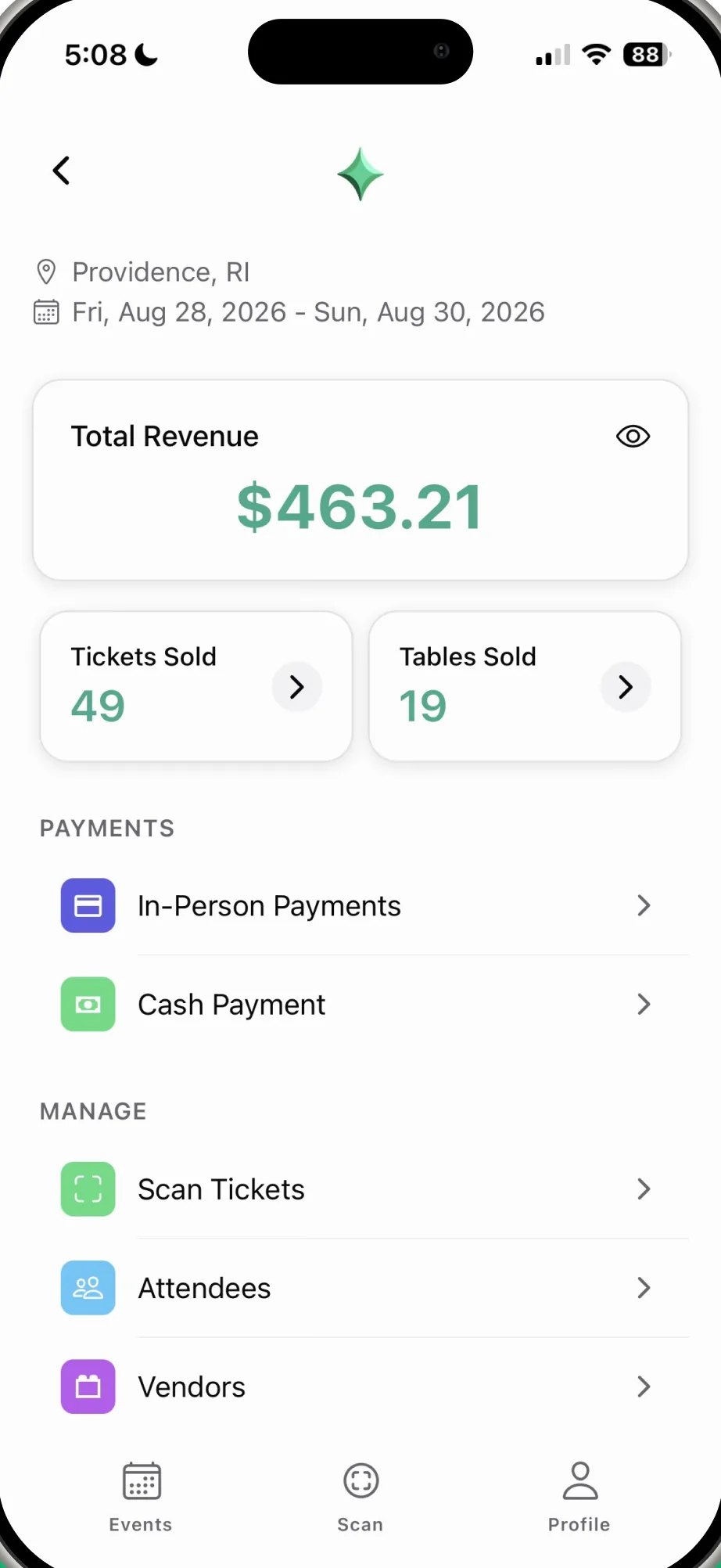 Mobile host dashboard with revenue, ticket sales, table sales, and event management tools