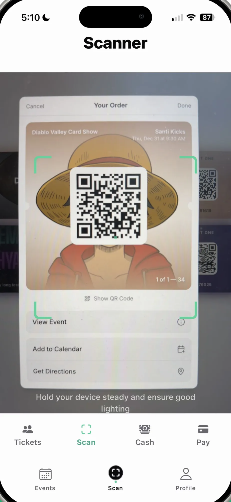 Ticket scanner reading an attendee QR code in the Treasure app