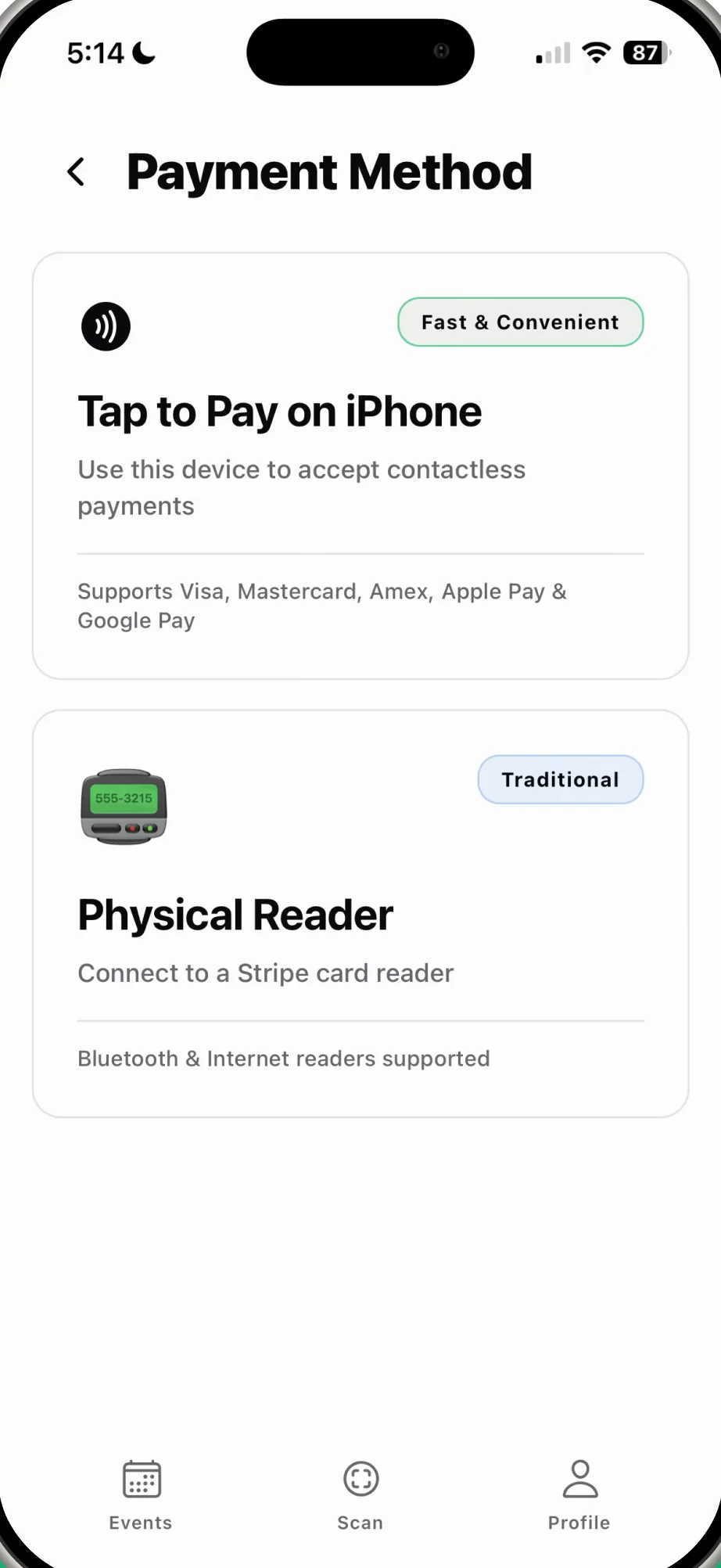 Mobile payment options including Tap to Pay on iPhone and a physical Stripe reader