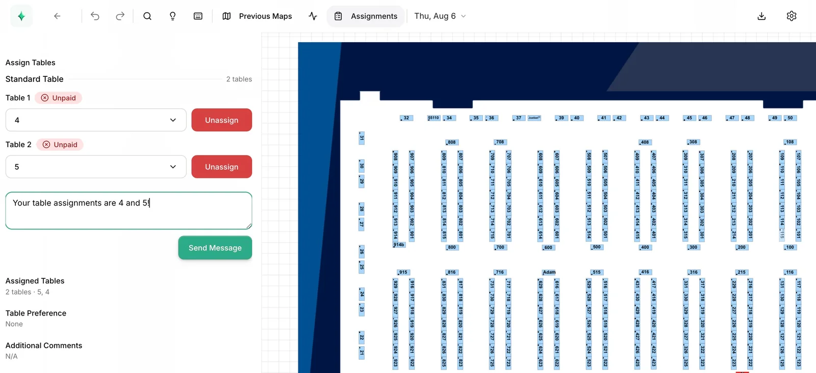 Venue map with vendor table assignments and a custom text message ready to send with tables 4 and 5