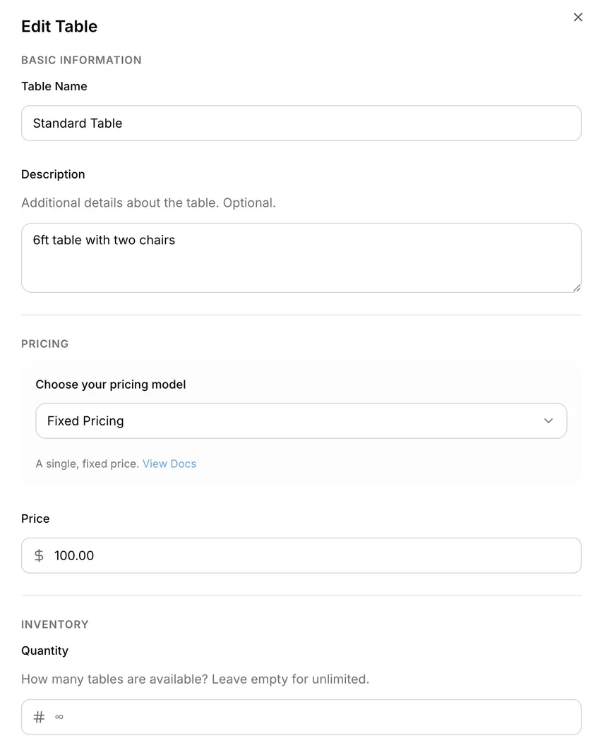 Table editor showing the table name, description, fixed price, and available inventory