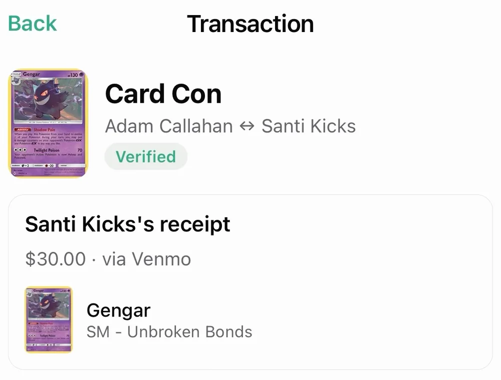 Verified Gengar transaction with the event, buyer, seller, payment method, and receipt