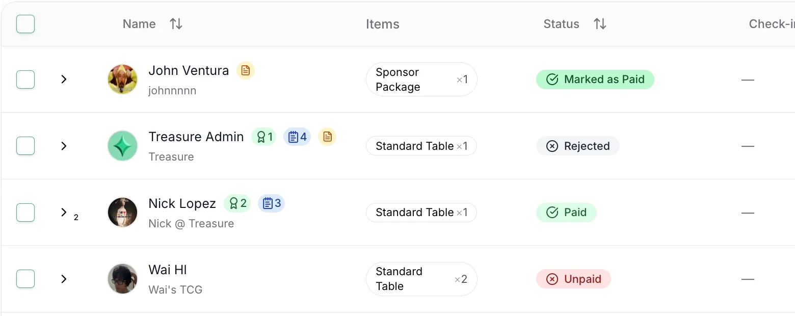 Vendor applications with paid, unpaid, rejected, and pending review statuses