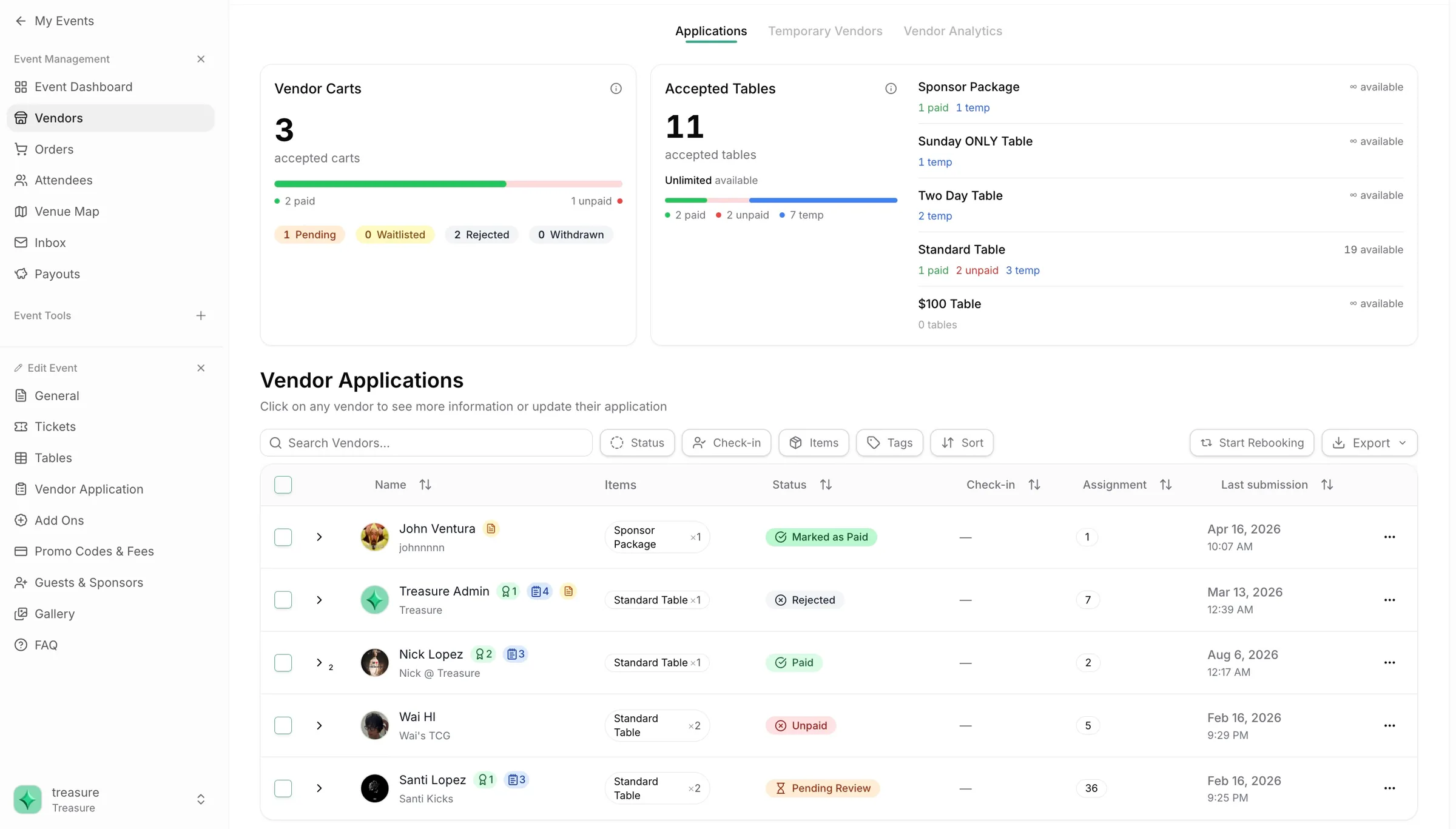 Vendor dashboard showing application statuses, paid and unpaid tables, check-in, and booth assignments