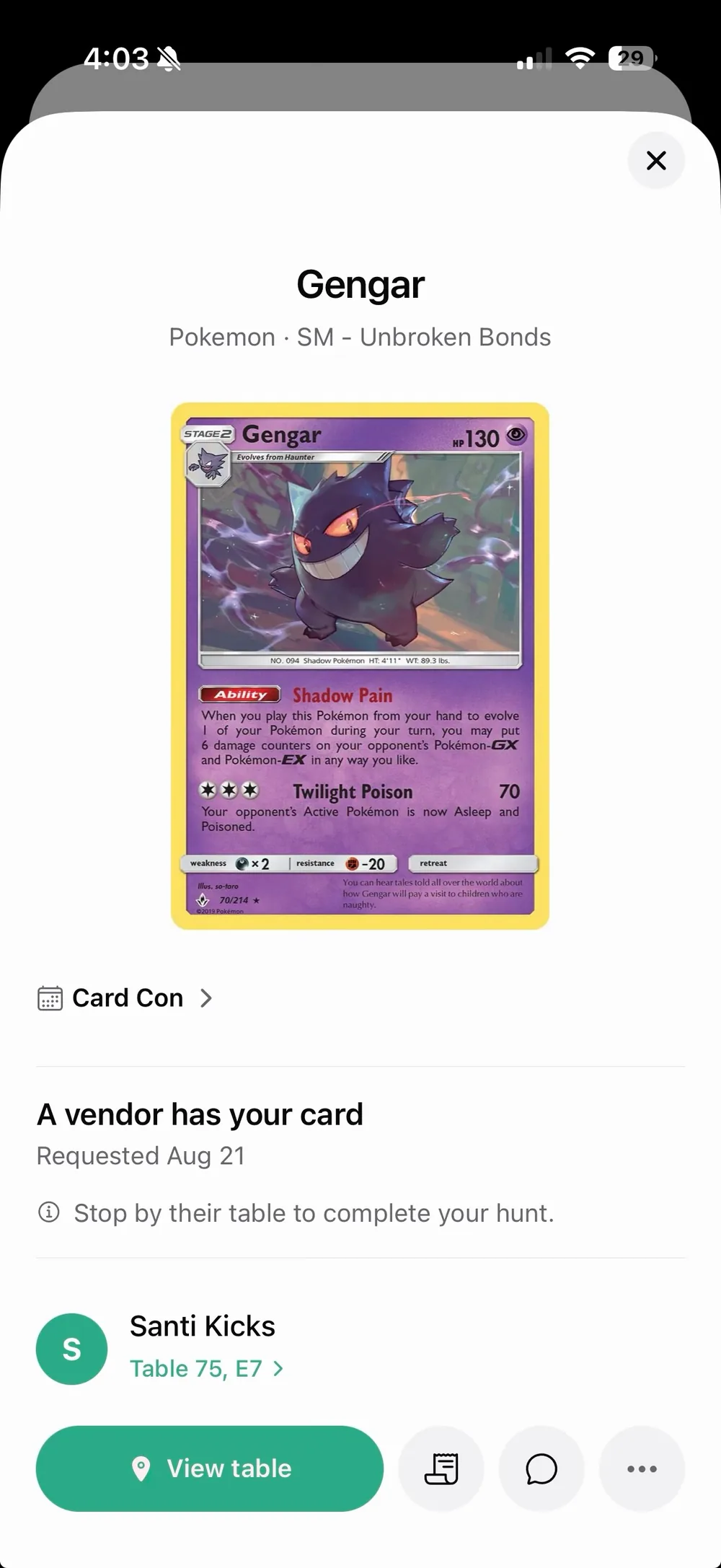 A vendor has the requested Gengar card, with their table number and a View table button