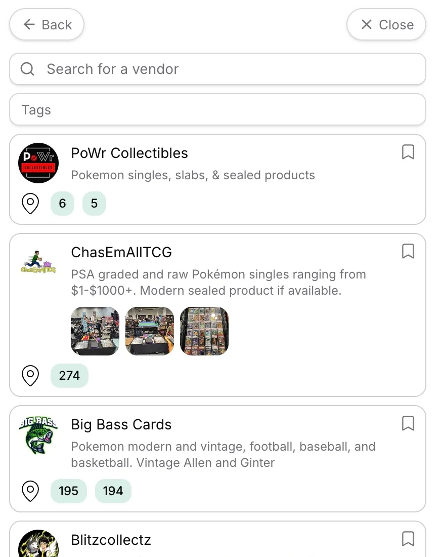 Searchable vendor directory with inventory descriptions, booth photos, and table numbers