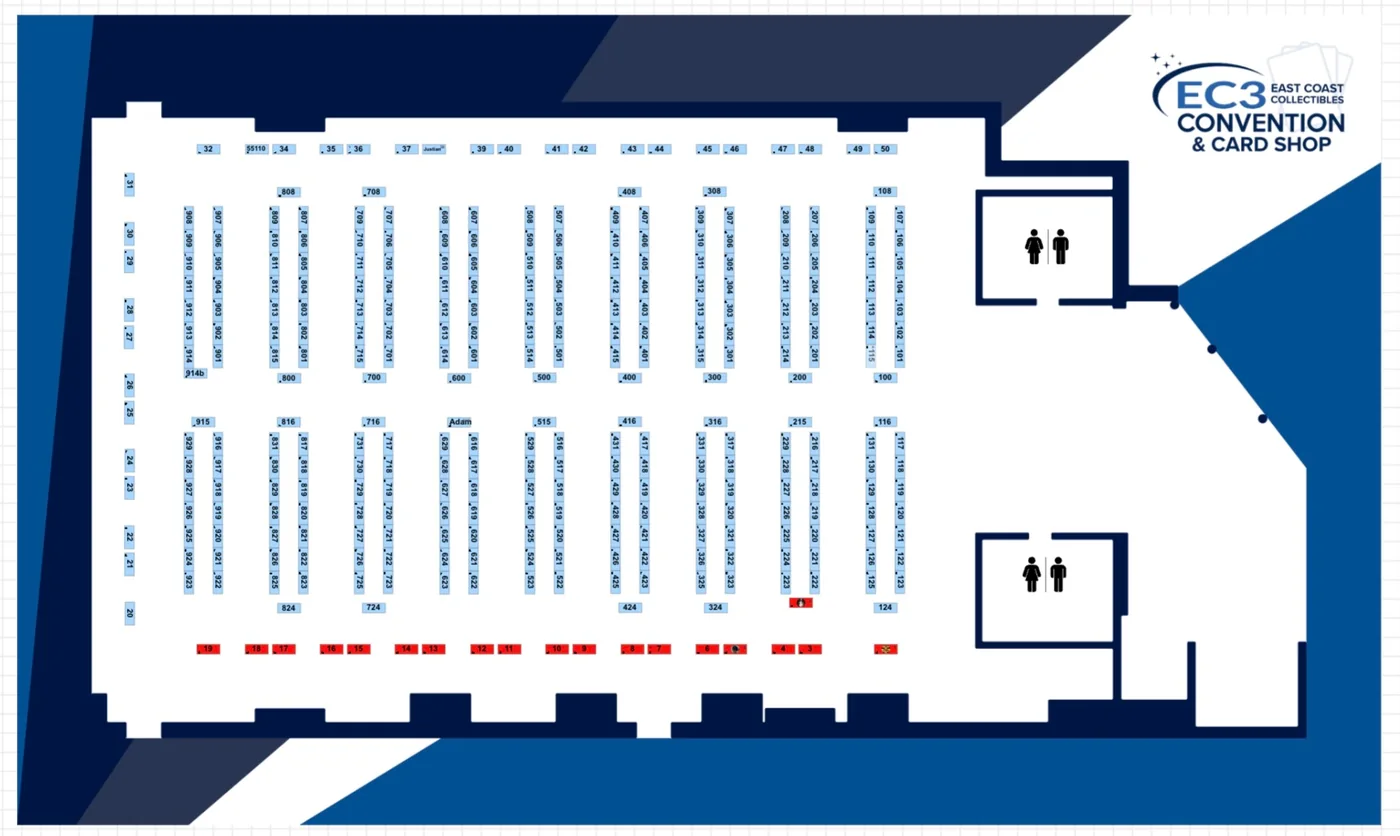 Completed venue map with numbered vendor tables, aisles, entrances, and facilities