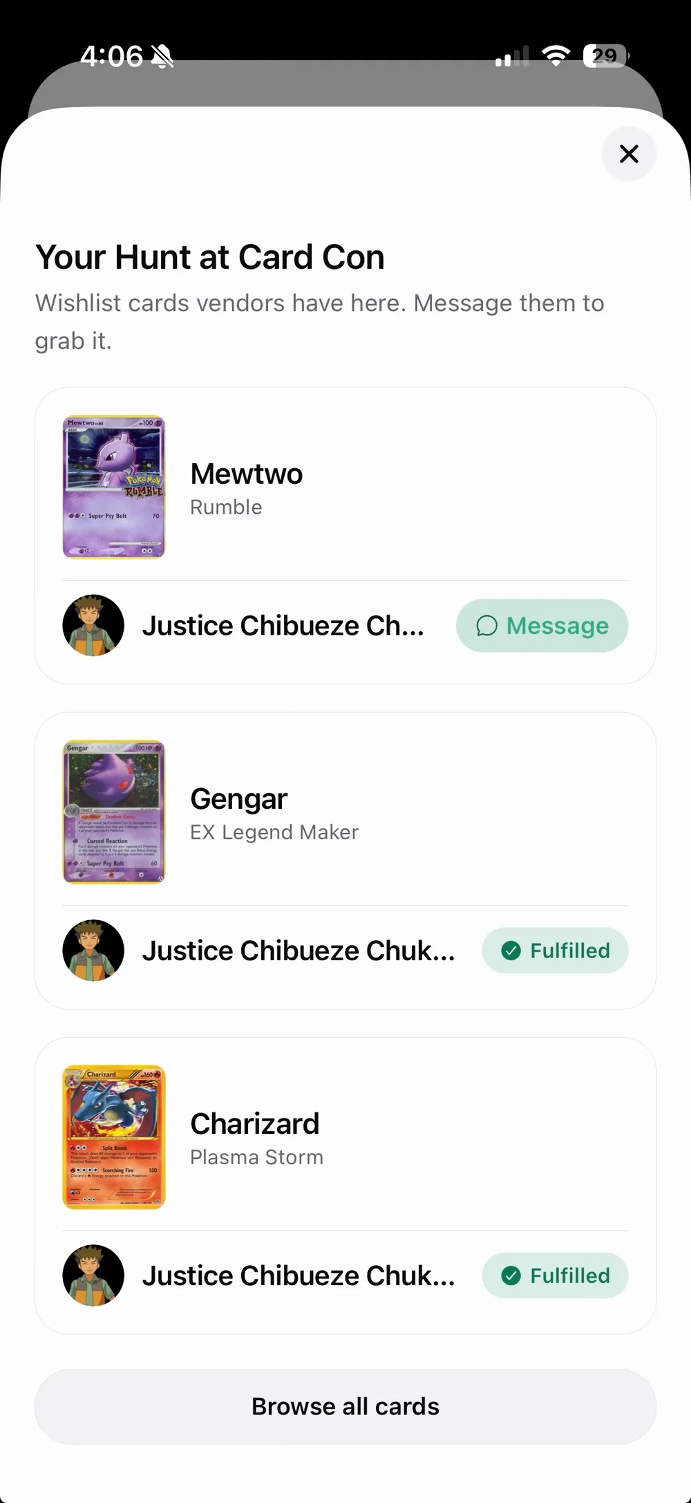 Treasure Hunt wishlist matches at an event with options to message vendors